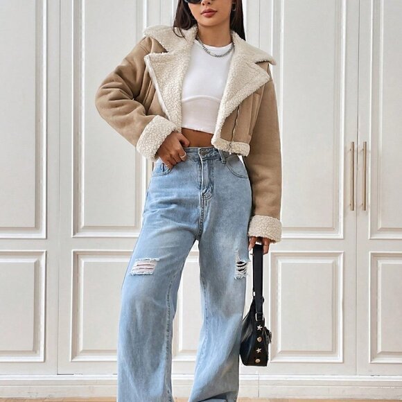 Boho Faux Teddy Lined Zip Up Moto Cropped Jacket Khaki - Picture 6 of 7